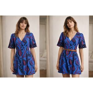 Sézane Lohla Dress Atlantic Blue Floral Cotton Linen Mini EU 36